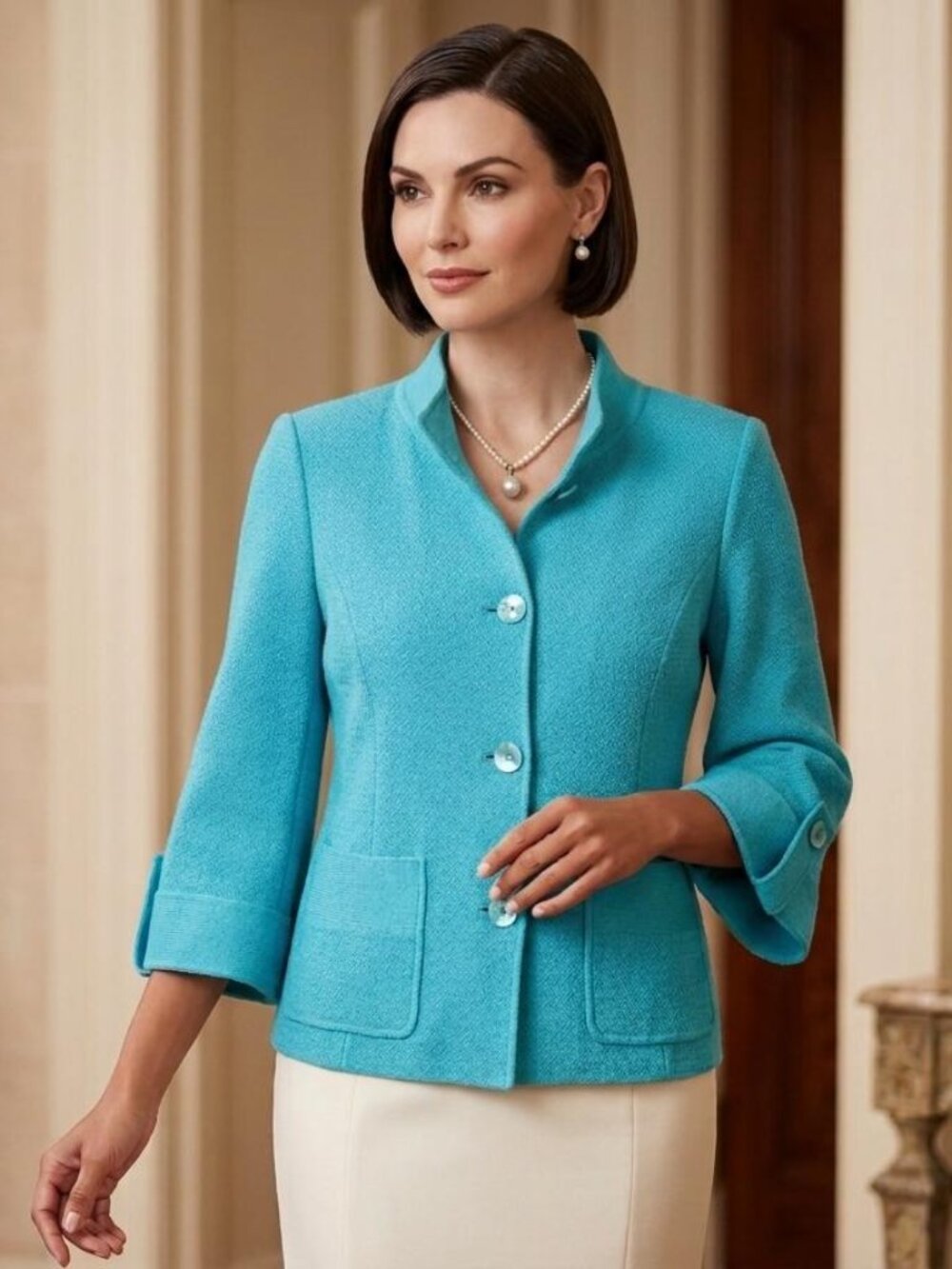 St. John Collection Turquoise Knit Jacket Blazer Size 12 Elegant Classic